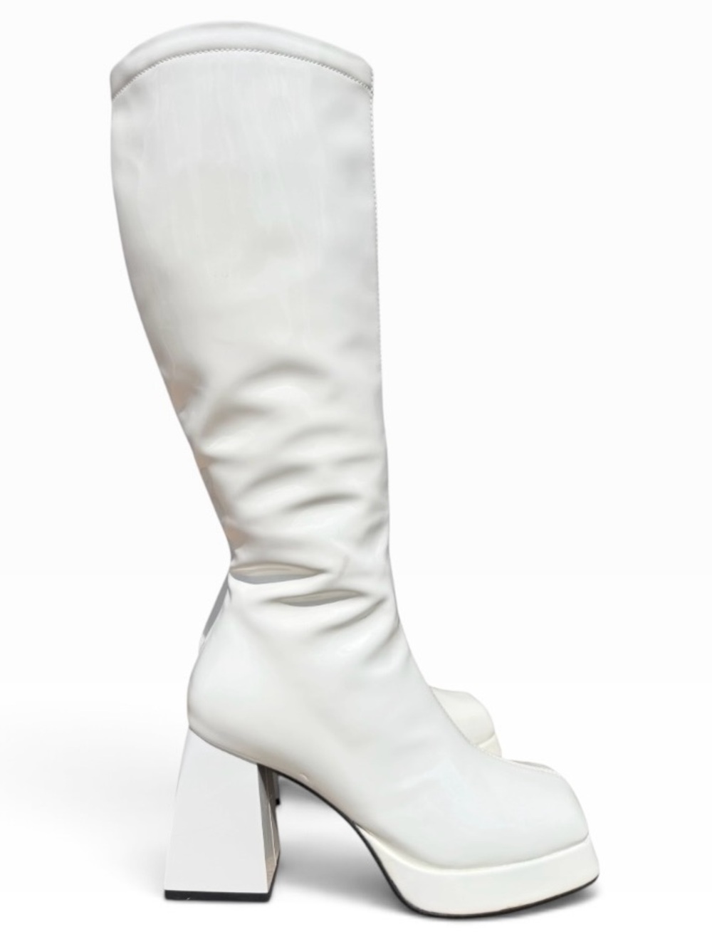 Minimalist White Patent Leather Knee-High Platform Go Go Heeled Boots